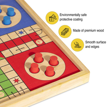12 Inch Wooden Ludo Board Game & Snakes and Ladders 2-in-1 Reversible Classic Board Game for Kids and Adults, Includes 1 Parcheesi Board, 2 Dice, 1