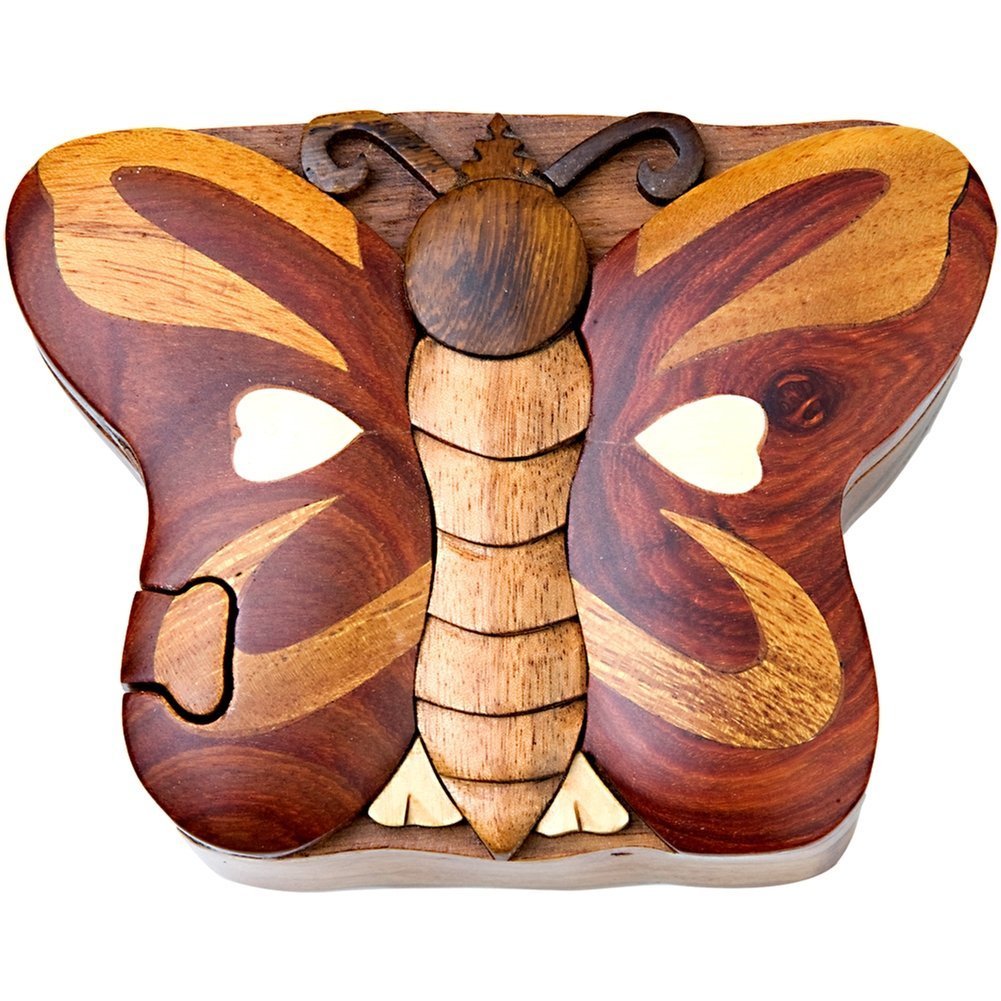 Butterfly Wooden Puzzle Box - Handcrafted Secret Compartment Keepsake, Exotic Natural Hardwood, Unique Jewelry or Trinket Storage