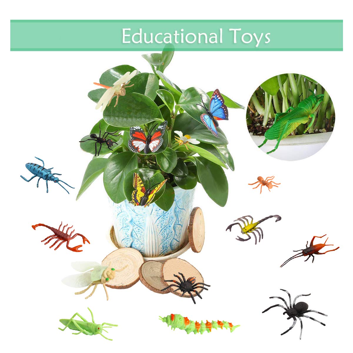 PINOWU 27pcs Bug Toy Figures Playset for Kids Boys, 2-6' Fake Insects - Spiders, Cockroaches, Scorpions, Crickets, Lady Bugs, Butterflies and Worms