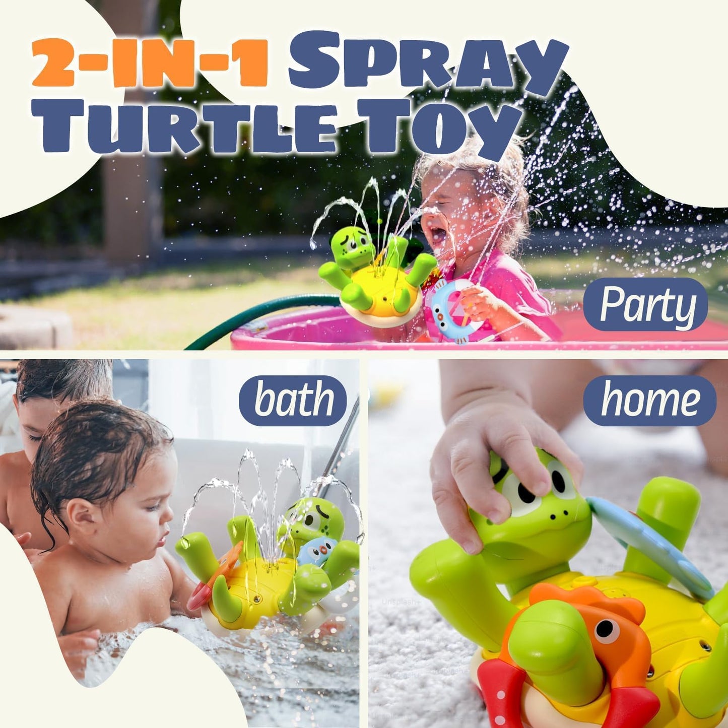 Sizobi Baby Bath Toys, Rechargeable Turtle Bath Toy Sprinkler for Toddler with 5 Rings, Bathtub Fountain Spray Toy,Pool Water Bath Toys for Kids Ages