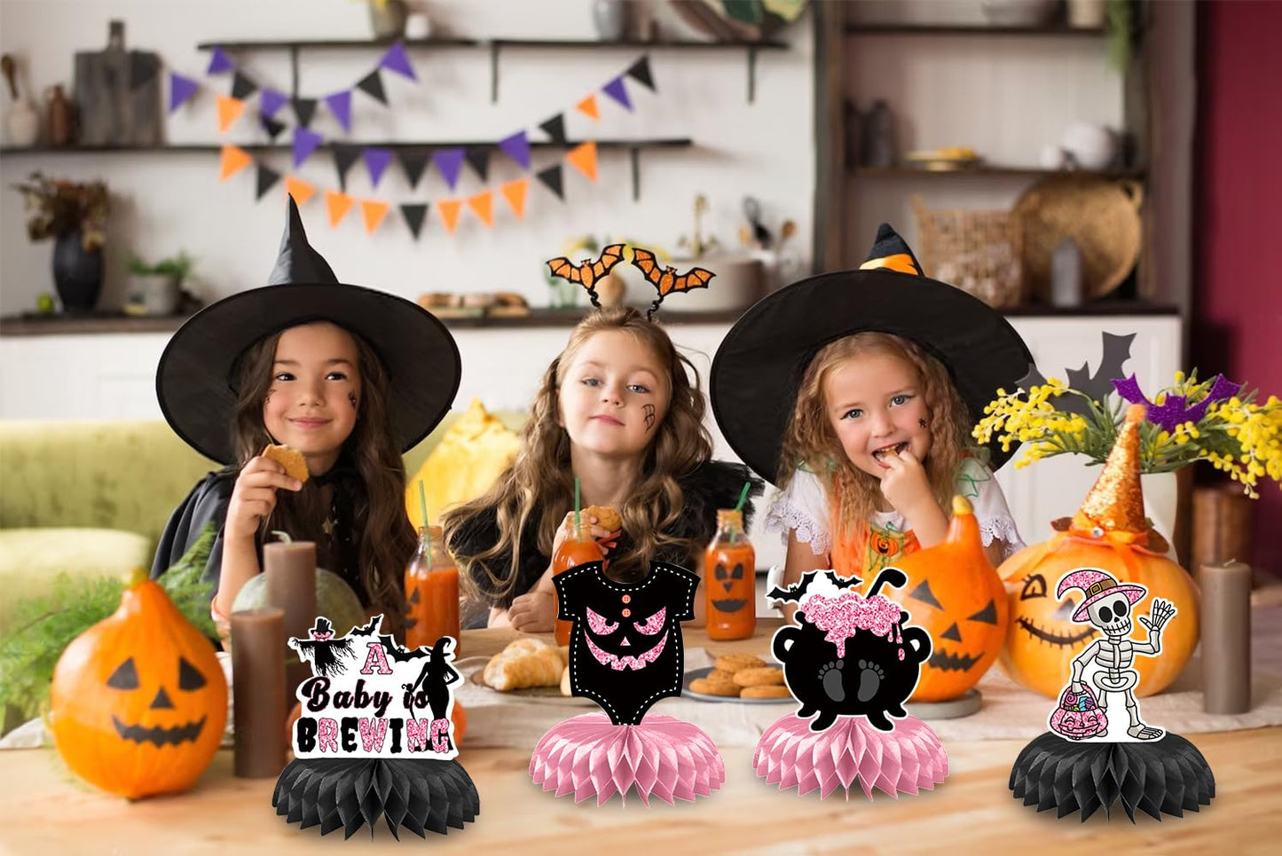 10pcs Halloween Tables Centerpieces, Pink Baby Shower Honeycomb Centerpieces Halloween Gender Reveal Party Decorations Ghost Bat Skull Pumpkin Table