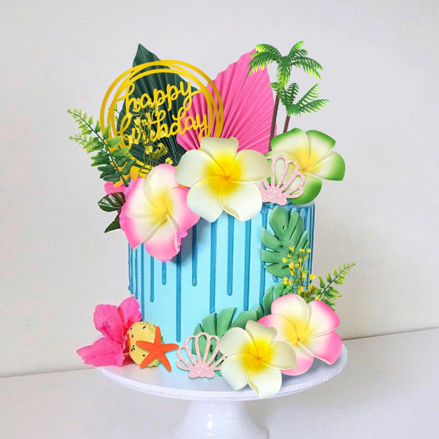 Summer Flower Cake Toppers Starfish Cake Decorations Coconut Tree Hibiscus Flower Cake Toppers for Tropical Hawaiian Beach Luau Themed Supplies