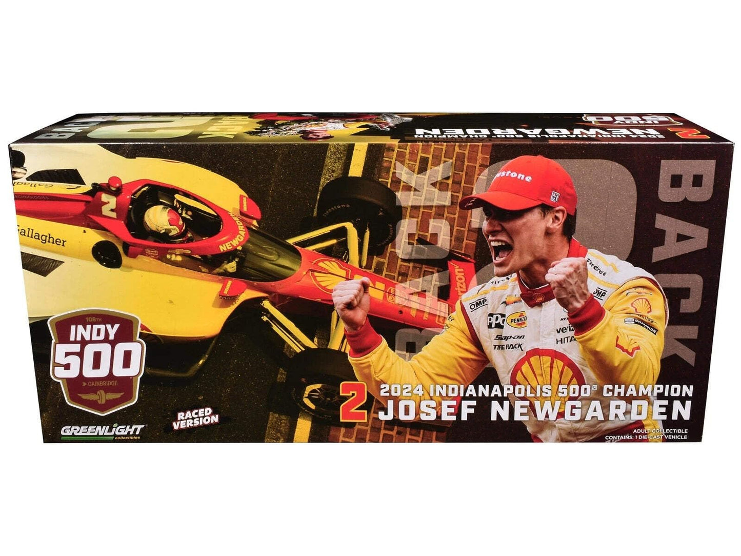 Greenlight 11258 Dallara Dirty Race Version 2024 NTT IndyCar Series - #2 Josef Newgarden/Team Penske, Shell Oil / 2024 500 Champion 1:18 Scale Diecast