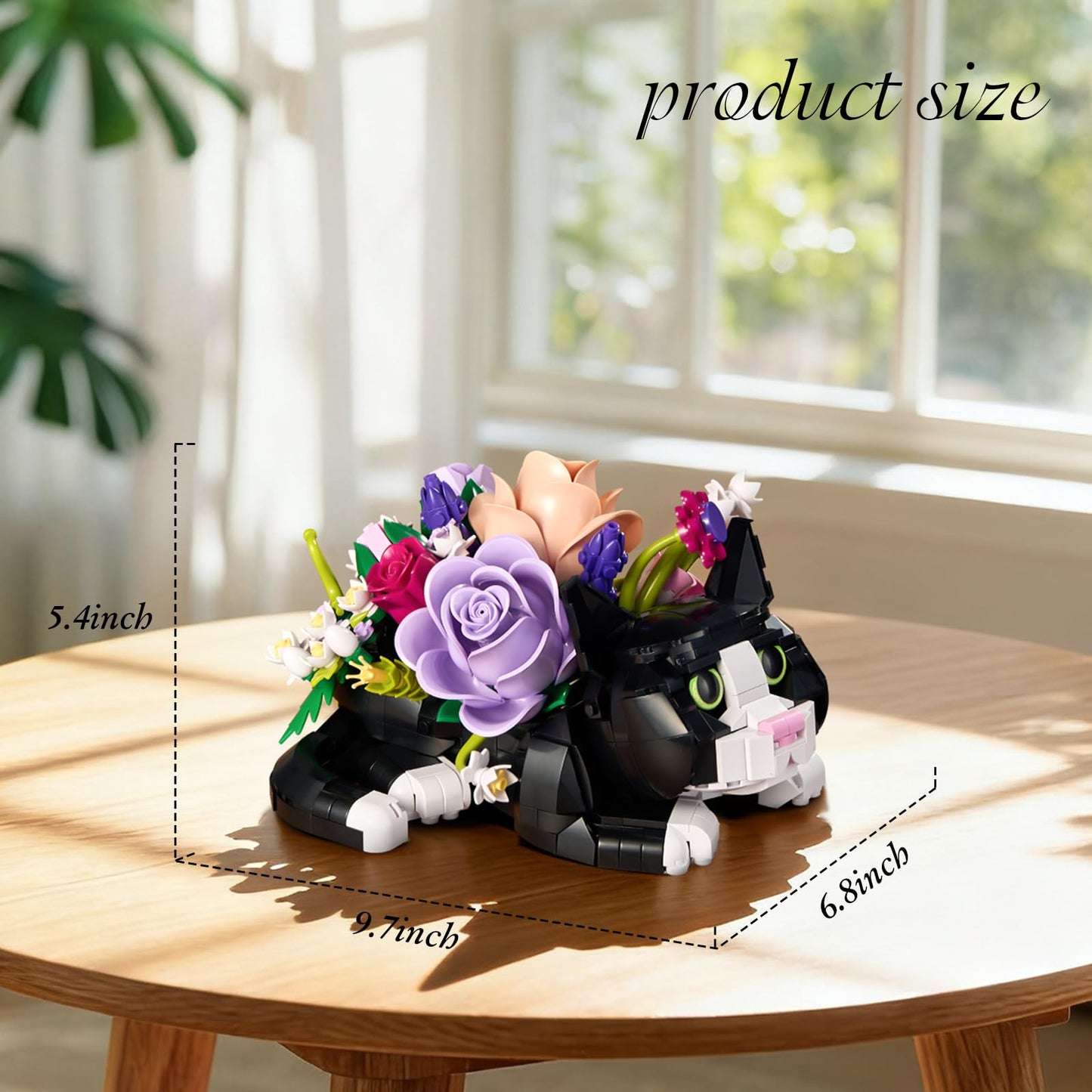 Tuxedo Cat Rose Bouquet Succulent Planter Building Blocks,Compatible with Lego Tuxedo Cat Flowers Pot,Creative Plants and Animals Decoration Rose