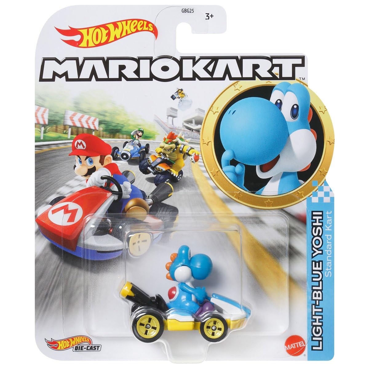 DieCast Hotwheels Mario Kart Light-Blue Yoshi (Standard Kart) 1:64 Scale