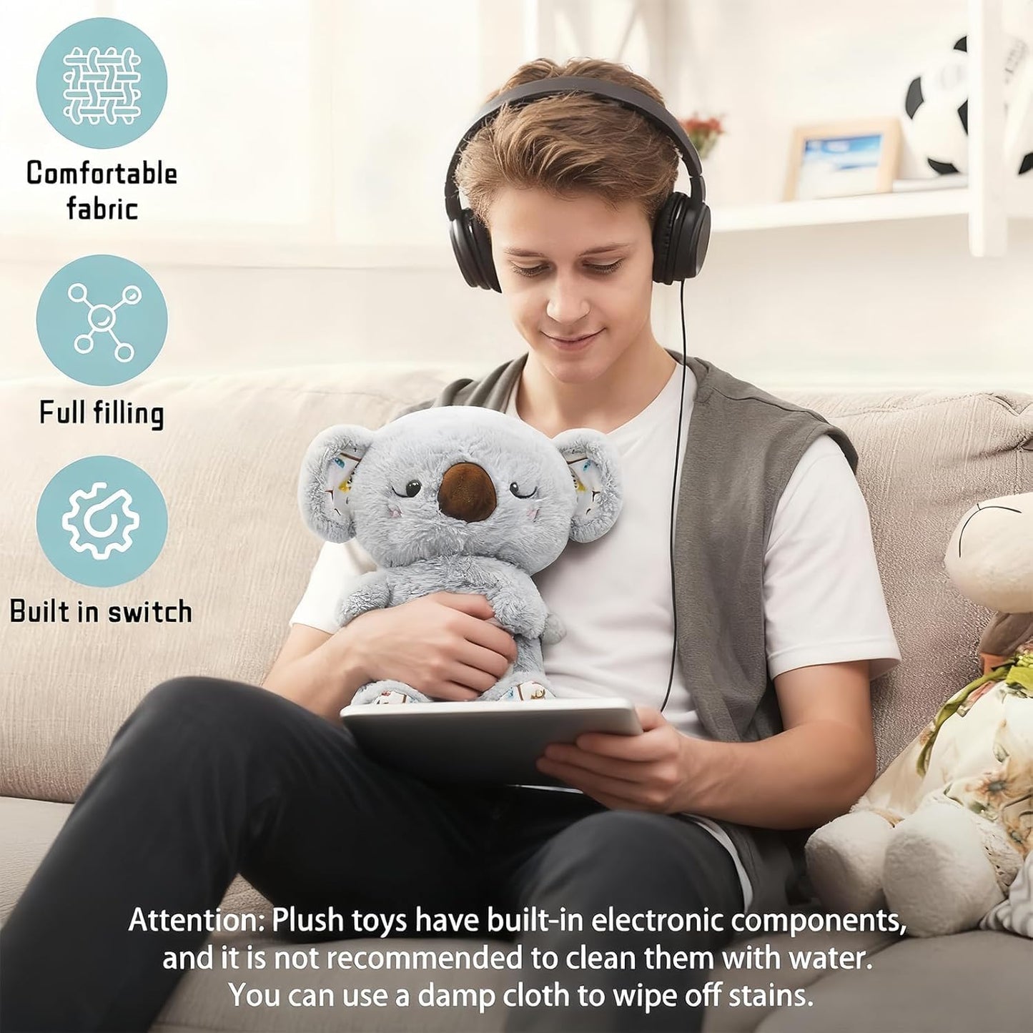 rytopt Breathing Stuffed Animal, Simulated Breathing Sounds, 4 Gear Adjustment, Volume Control, Plush Toy with Music & Light (Koala)