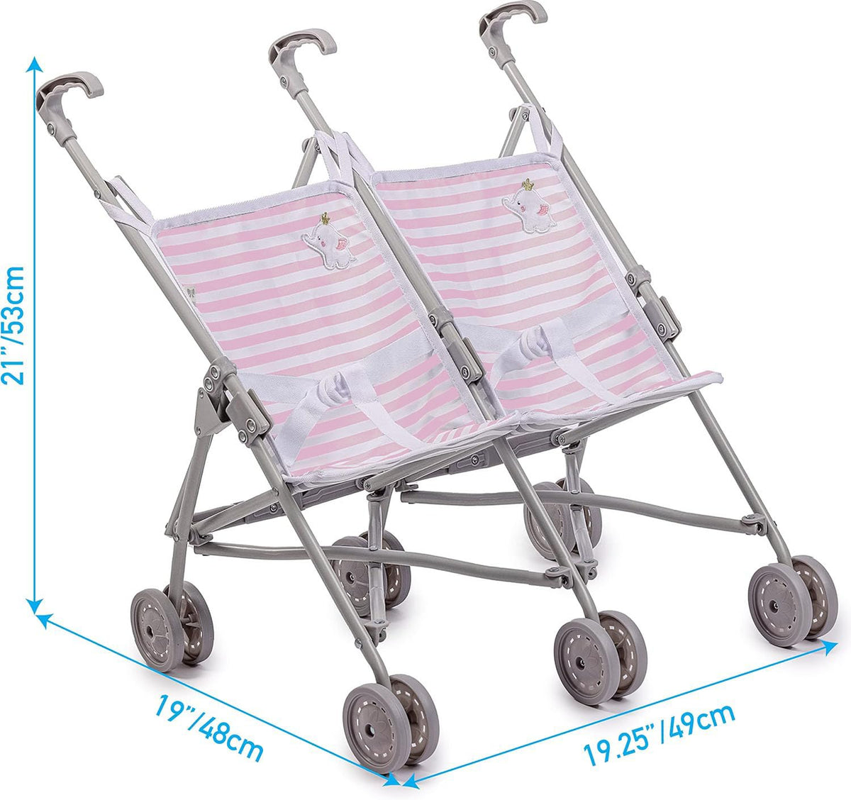 JC Toys Boutique | Twin Folding Umbrella Doll Stroller for Children 2 Years Plus, Pink Stripes and Soft Embroidery | Sturdy Metal Frame | Pretend Play