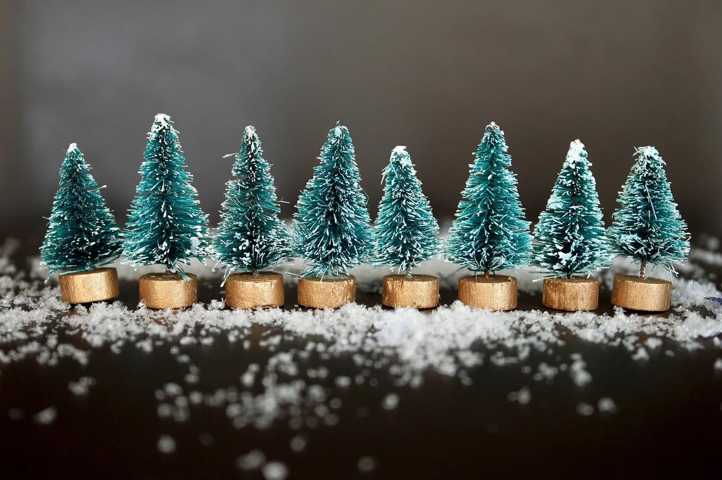 Miniature Christmas Trees, Frosted Evergreen Trees with Gold Wooden Bases, Christmas Trees with Snow, for Christmas Village, Diorama, Dollhouse or