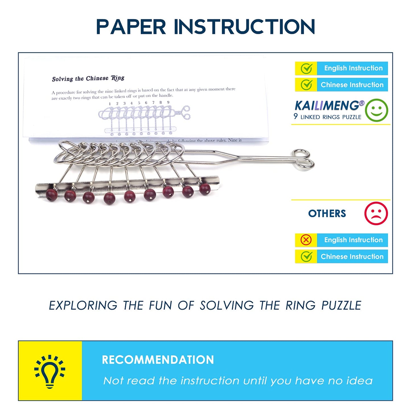 KAILIMENG 9 Linked Rings Metal Puzzle - Adult Hard Puzzle - Brain Teasers Mind Game for Adults - Classical Handheld IQ Trick Toy