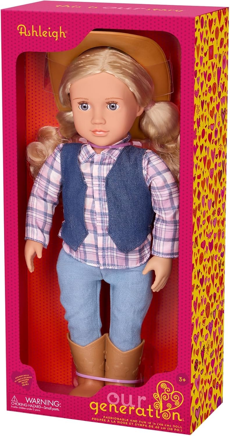 Our Generation - 18-inch Cowgirl Doll - Lifelike Gray Eyes & Wavy Blonde Hair - Cute Plaid and Denim-Style Western Outfit - Cowboy Hat & Horseback