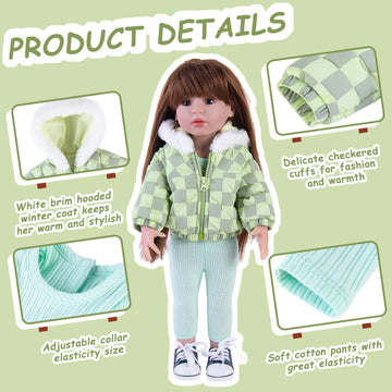 Rakki Dolli Doll Clothes 3 Pc. Set Light Green Grey Plaid Hooded Thick Coat Checkerboard Jacket with Long Sleeve, Warm Doll Outfit Hoodie Snowsuit