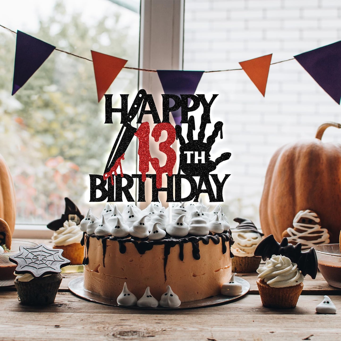 Black Glitter Killer Happy 13th Birthday Cake Topper, Halloween Zombie Vampire Bloody Friday Birthday Décor, Halloween Horror Themed 13th Birthday