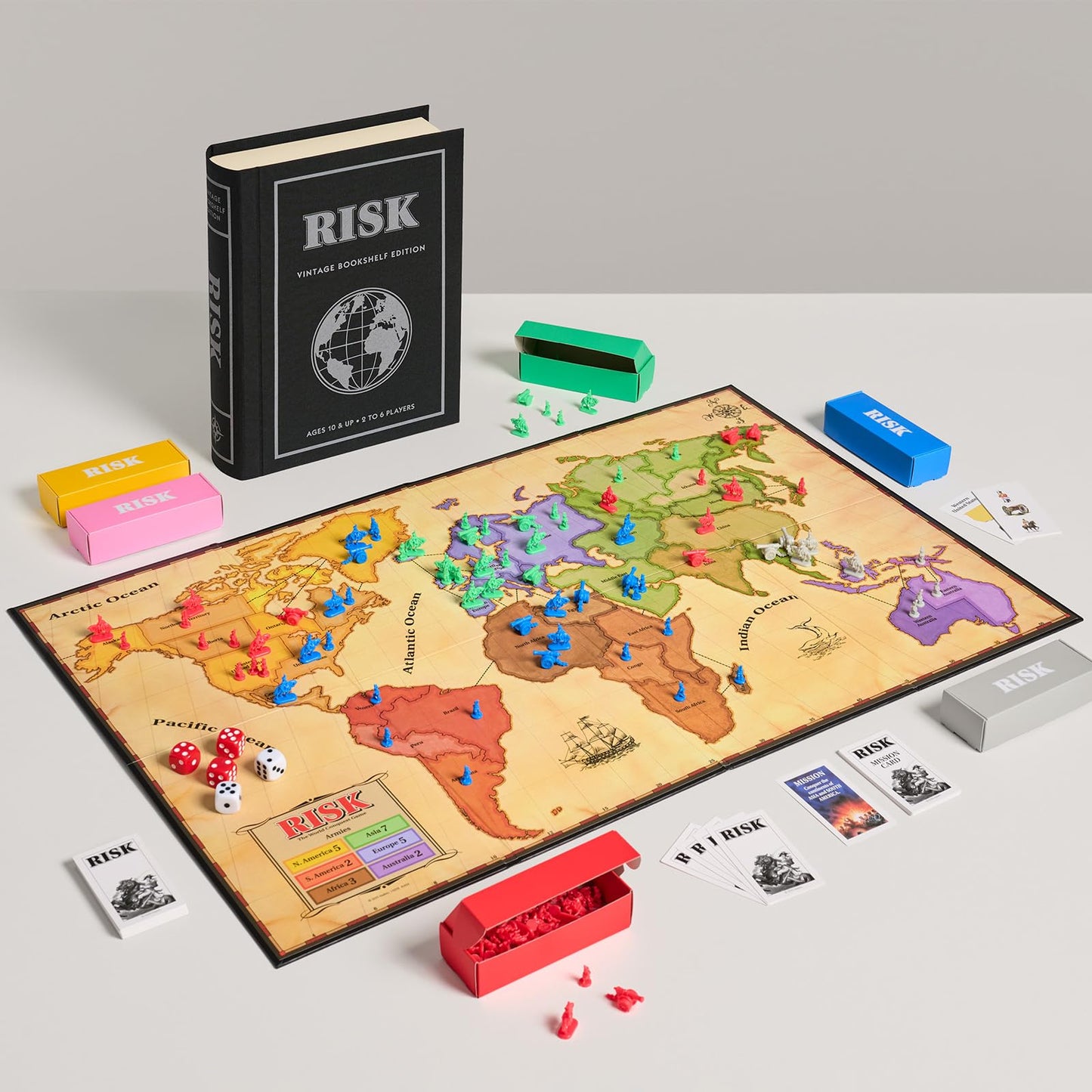 WS Game Company Risk Vintage Bookshelf Edition, Linen Wrapped Book Box & Slipcase - Secret Mission Variant & 6 Armies - Strategy Board Games