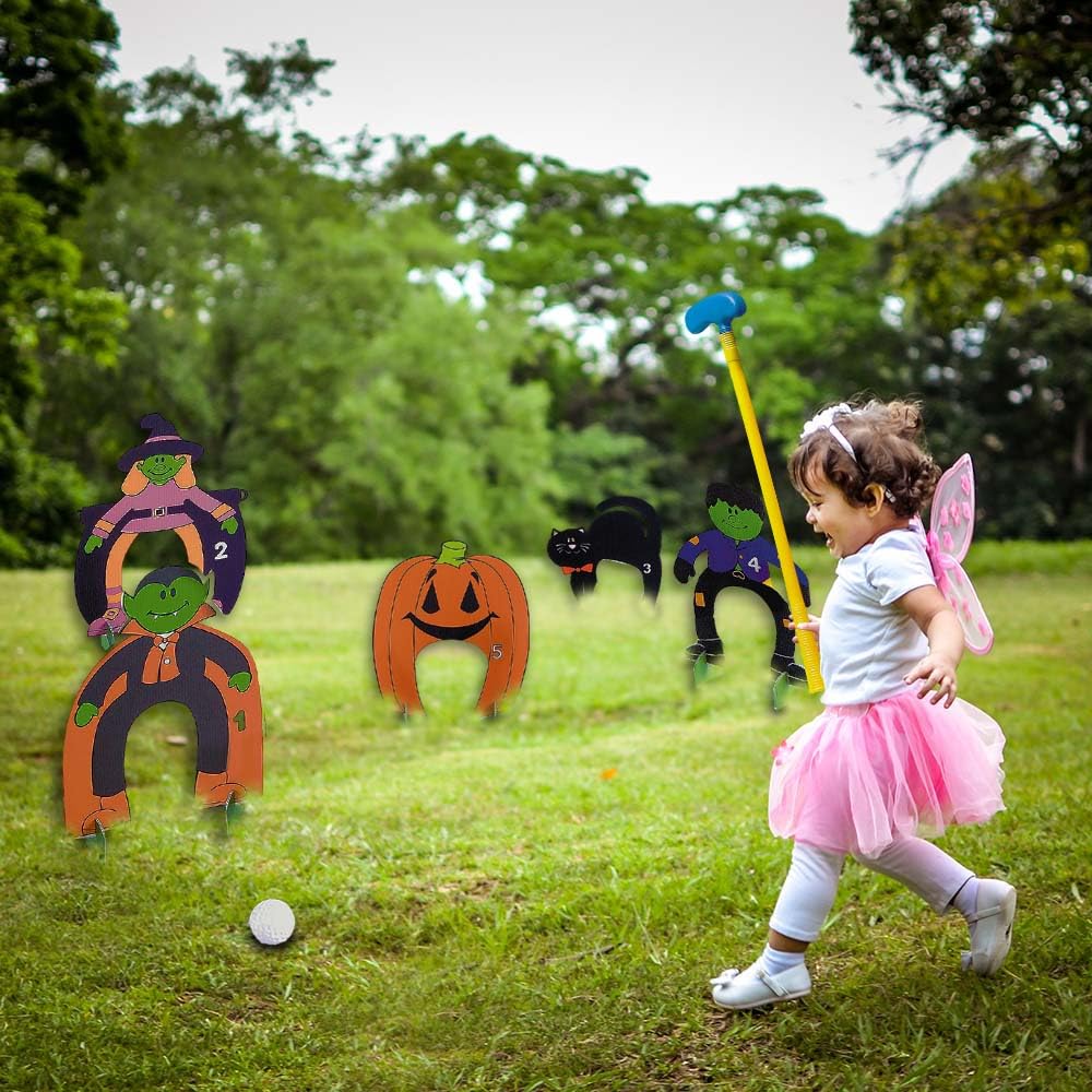 Fun Express Halloween Mini Golf Set for Kids Complete 26-Piece Party Game with 4 Clubs, Balls & Spooky Markers | Indoor Outdoor Halloween Activities