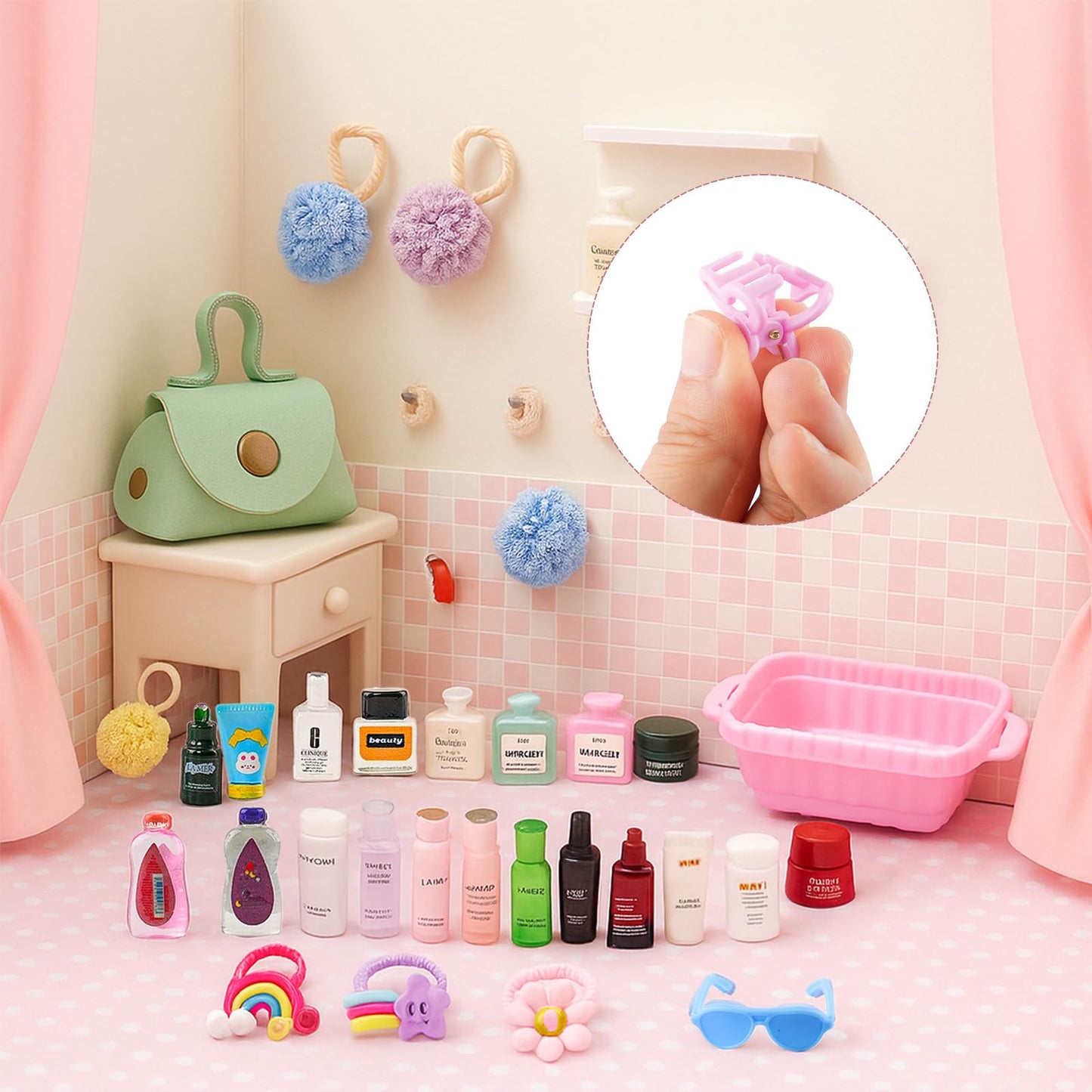 93 PCS Miniature Dollhouse Accessories Dollhouse Bathroom and Makeup Set with Towel Toothbrush Shampoo Toiletries Mini Perfume Shoes Backpack for Girl