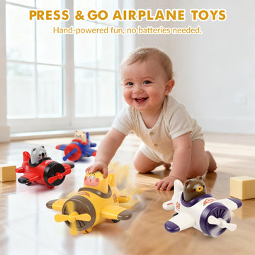 Airplane Toy Cars for Toddlers 1-3 - 4 Pack Press and Go Baby Car Toys, Push Airplanes with Rotating Propellers & Animal Drivers, Safe ABS Friction