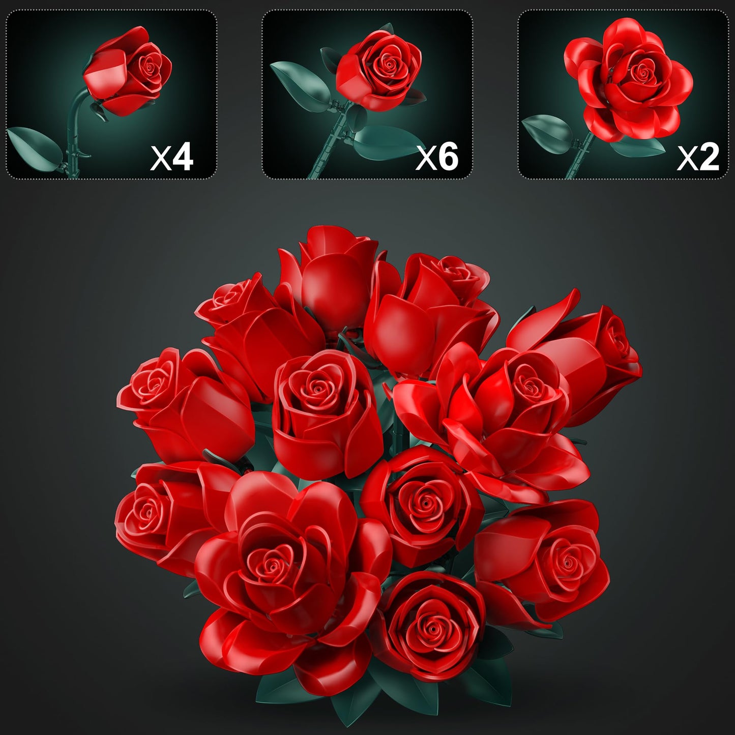 Red Roses Flower Bouquet Building Set, Artificial Flowers Botanical Collection Kit for Adults Women & Men - Gift for Mothers Day, Home Room Office