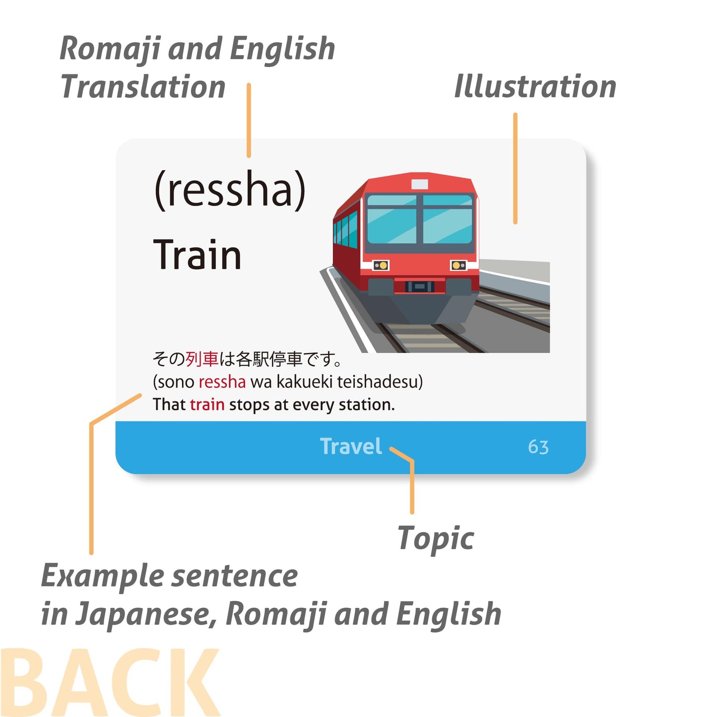 Japanese Vocabulary Flash Cards for Beginners (with Illustrations and Example Sentences), Standard Playing Card Size, Sturdy, Water Resistant