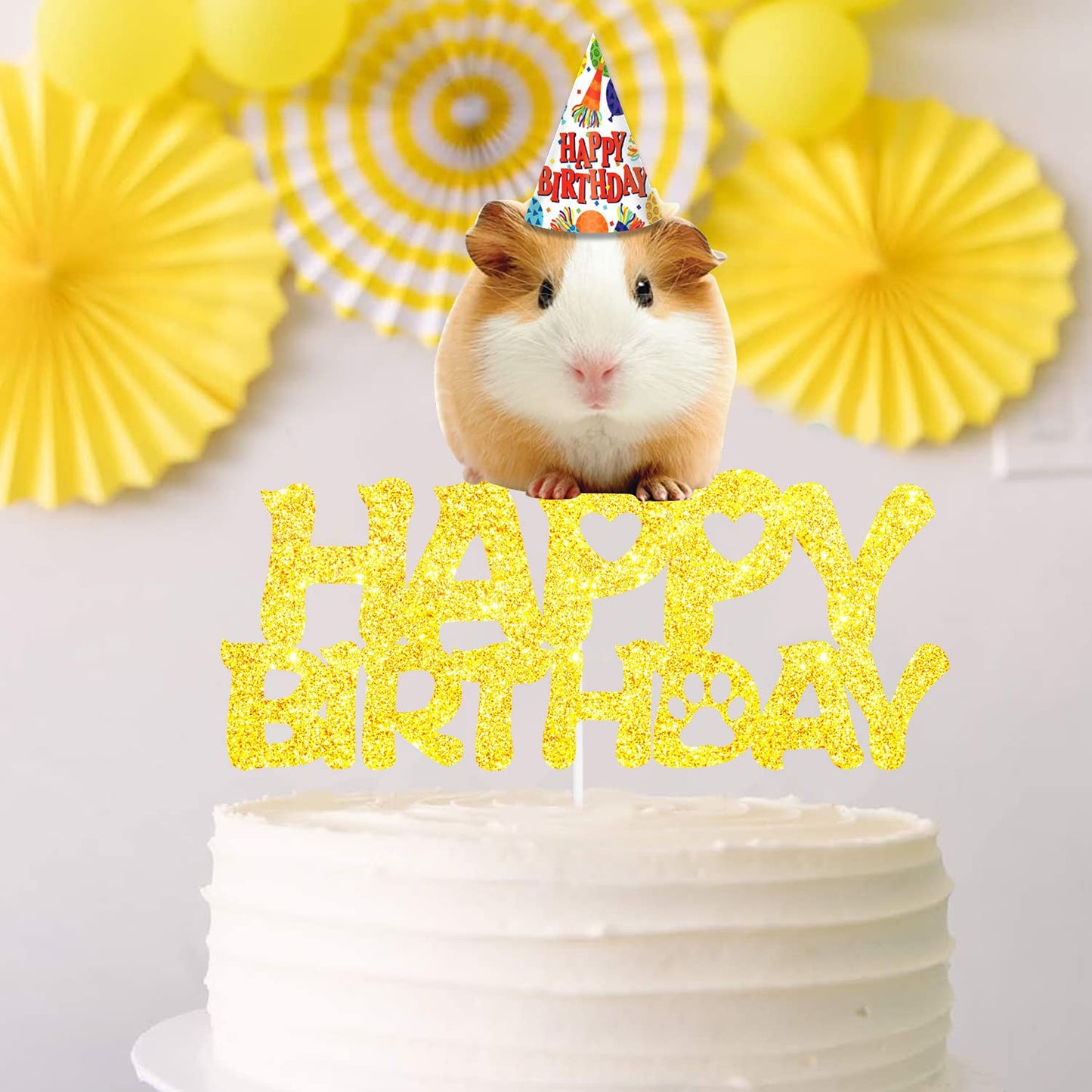 Gold Glitter Hamster Happy Birthday Cake Topper Baby Shower Boys Girls Birthday Party Decor Supplies Pick for Cute Lovely Guinea Pig Theme Decorations