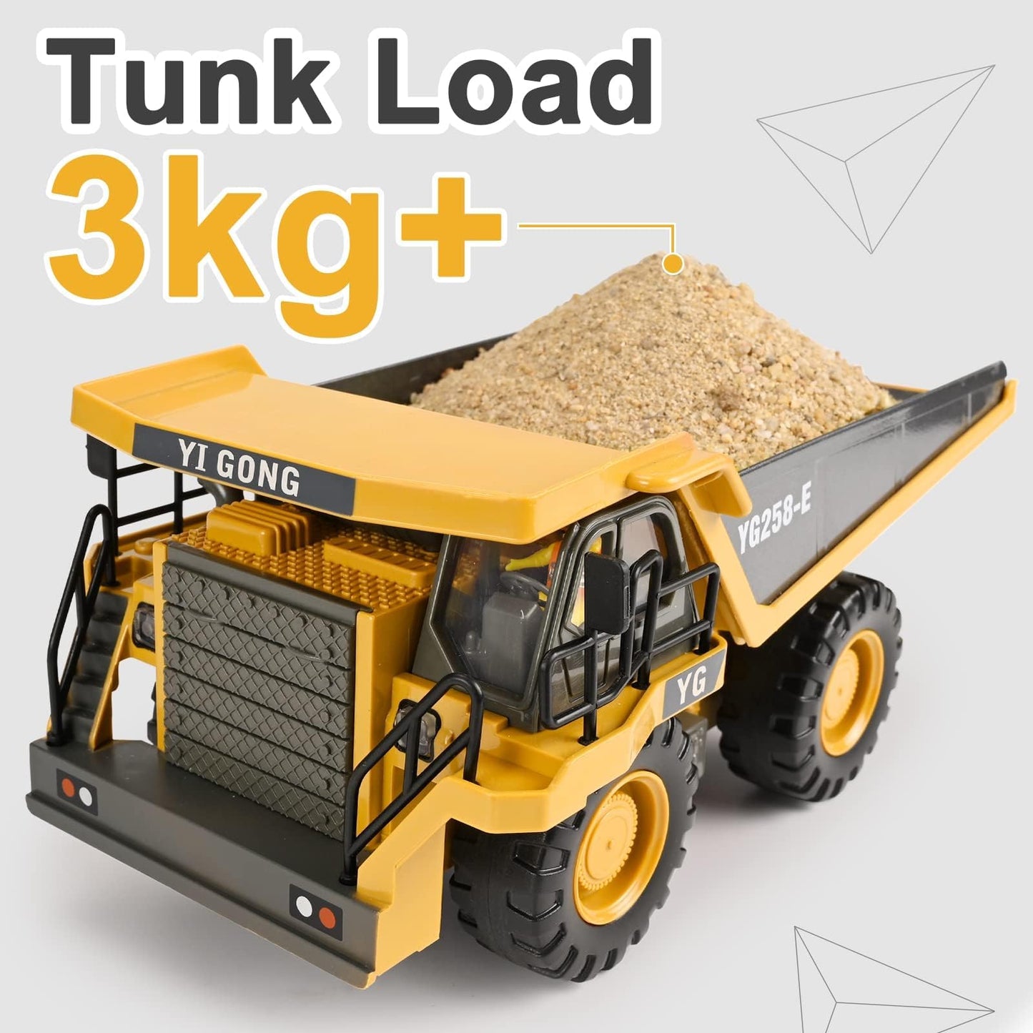 KidsFaves RC Dump Truck, 9CH Remote Control Dump Truck with Metal Dump Bed, 45° Lifting & 360° Rotation, 2 Batteries, Lights & Sounds, Construction