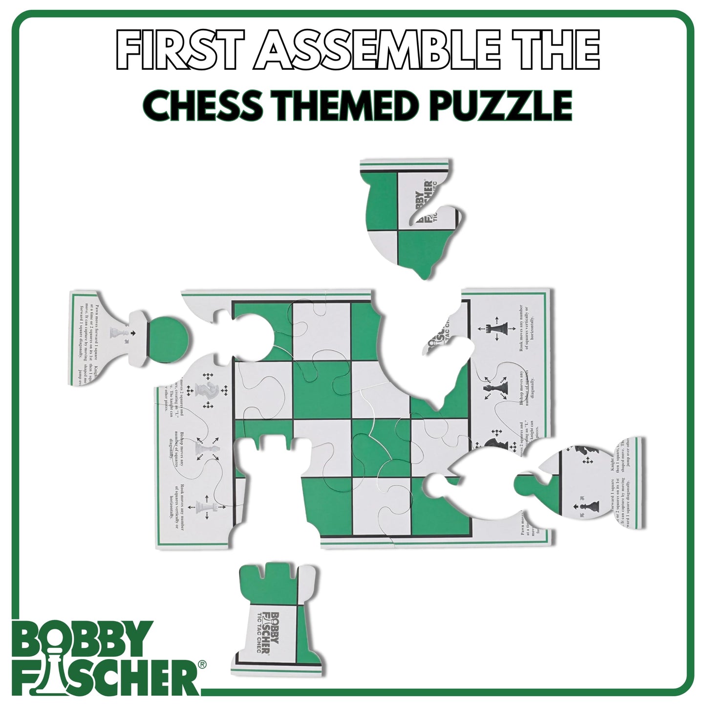 Bobby Fischer Tic Tac Chec, 2-Player Chess Strategy Game, Tic Tac Toe & Chess Combination Game, 4x4 Board with Illustrated Move Guide