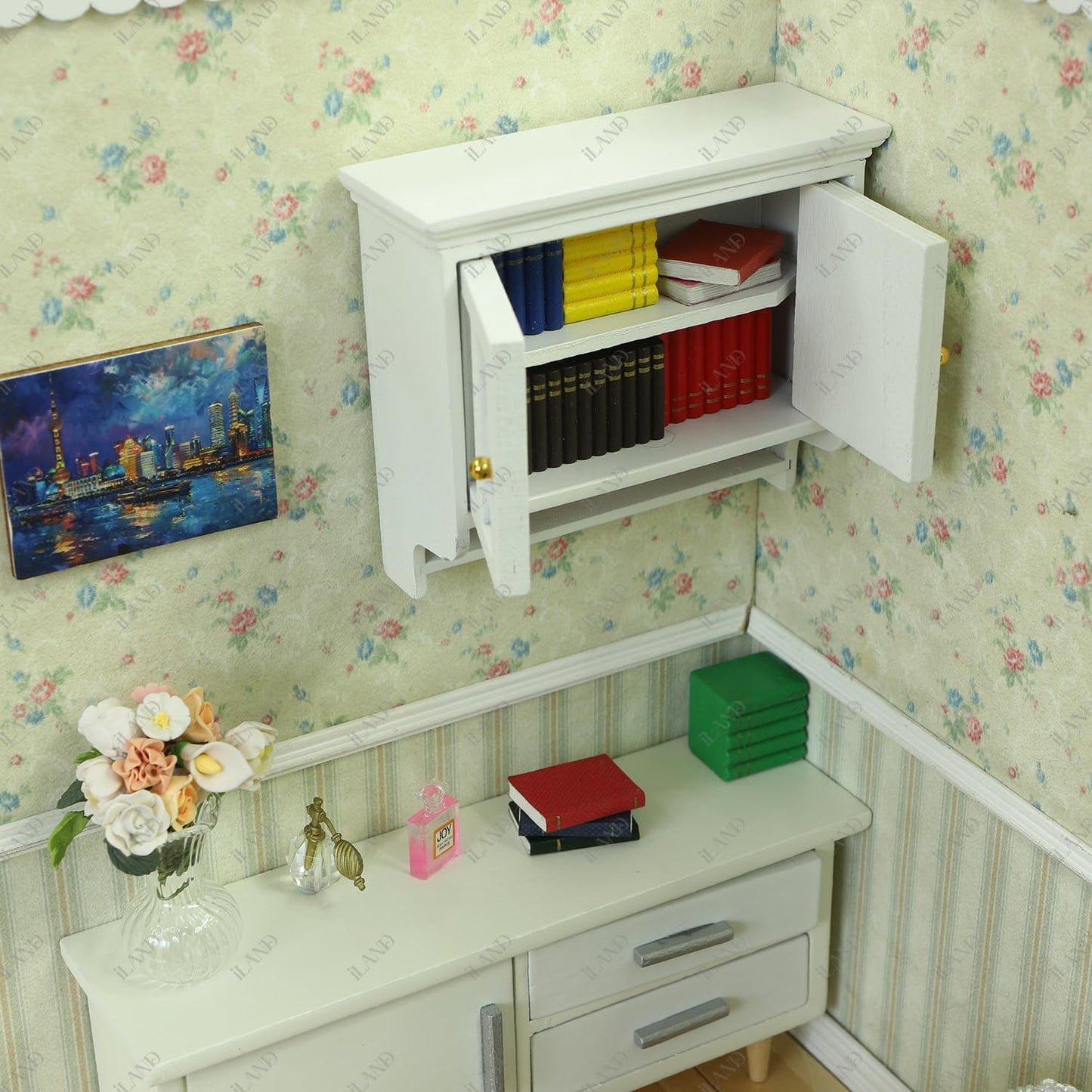 iLAND Dollhouse Furniture on 1/12 Scale, Dollhouse Kitchen Cabinet Miniature Shelf in Modern Country Style White