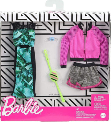Barbie Fashions 2-Pack Clothing Set, 2 Outfits Doll Include Pink Sport Jacket, Gray Shorts, Blue Tropical Print Dress & 2 Accessories, for Kids 3 to 8