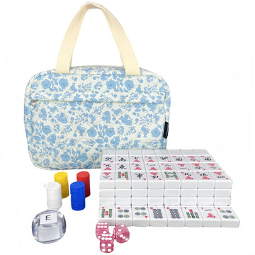 bestcool Mahjong Tile Set, American Mahjong Set with Floral Quilted Carrying Bag, 166 White Tiles, Includes Chips & Dice - Portable Travel Complete