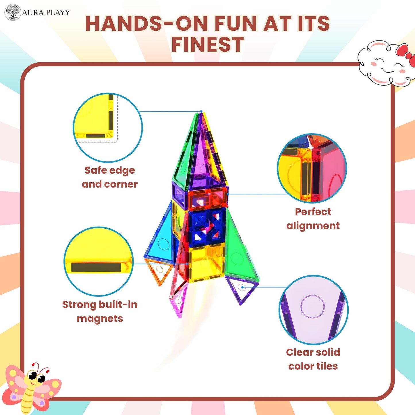 AURA PLAYY 100 Piece Magnetic Tiles Set - 3D Magnet Building Blocks, STEM Educational Construction Toy for Toddlers & Kids | Creativity, Learning,