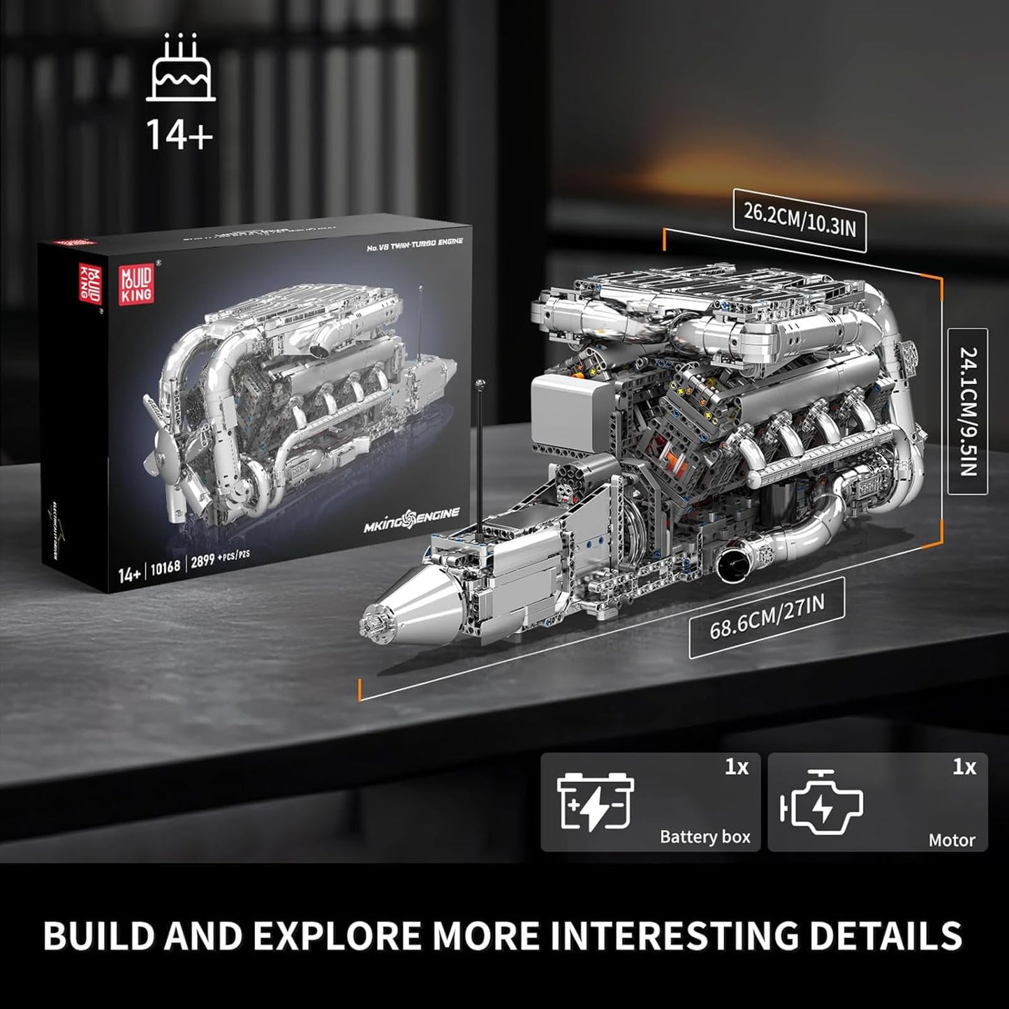Mould King V8 Twin-Turbo Engine Model Kit That Runs, Mini Engines Building Blocks Set for Adults with Battery and Motor, Engineering Construction STEM