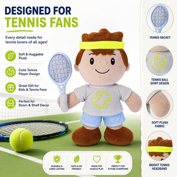 Olivia Martini Tennis Plush Toy for Kids - 10 Inch Sports Player Stuffed Animal, for Boys, Girls & Tennis Lovers, Soft Plush Doll for Bedroom Decor