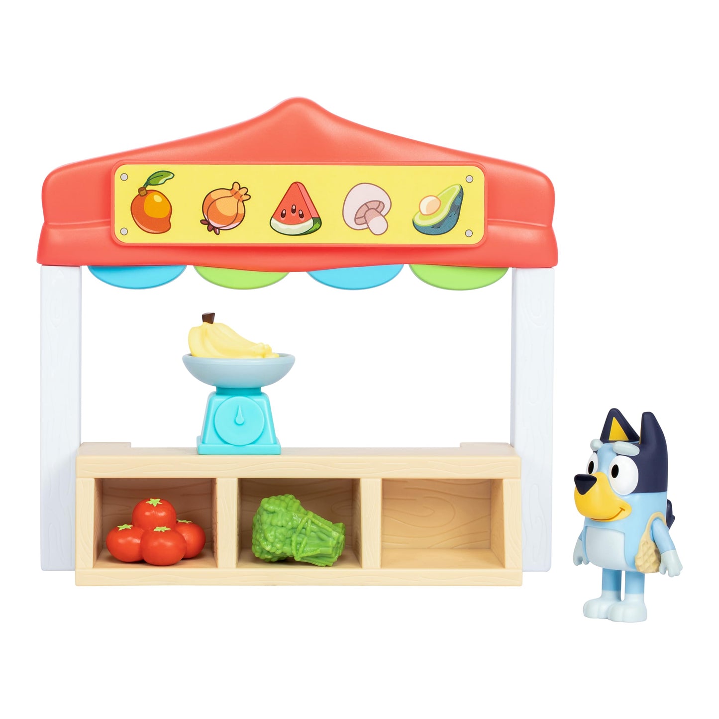 Bluey Farmers Market Playset, Toy Store Playset with Articulated Figurine, Toy Scale, Dollar Bucks, and Food Items, Shopping Toys for Kids Ages 3+