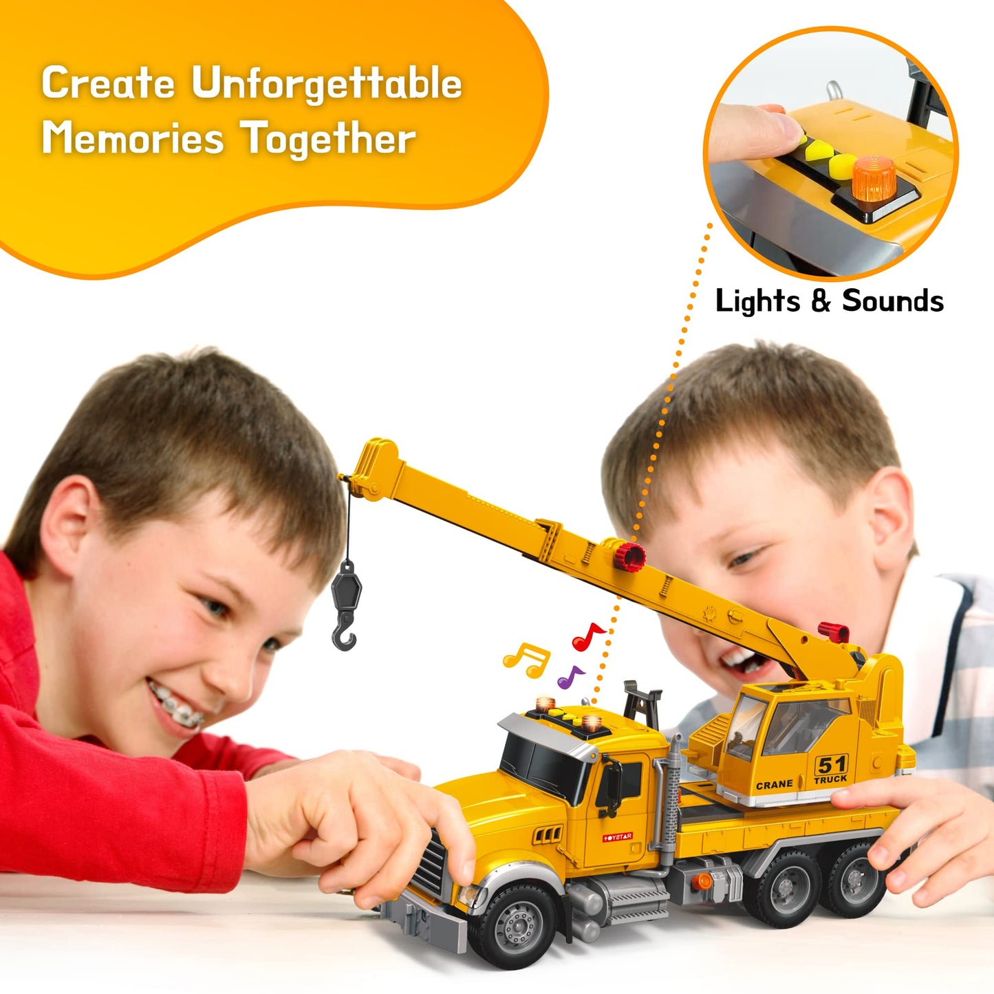 MOBIUS Toys Crane Truck - Real Working Boom Arm Construction Vehicle for Kids Ages 3-7 - Rotating Cabin, Extendable Arm, and Moving Parts - Durable