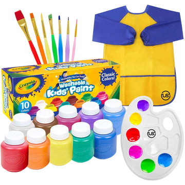 Kids Painting Set, Washable Paint for Kids 10 Colors, 7 Paintbrushes, Paint Palette, Painting Smock, Non Toxic Tempera Paints 2 oz Each,Paints