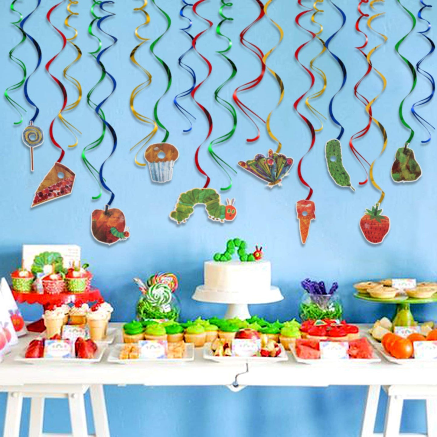 LINGTEER The Very Hungry Insects Cartoon Little Green Caterpillar Butterfly Swirls Streamers - 20 Pcs Children's Reading Story Birthday Party