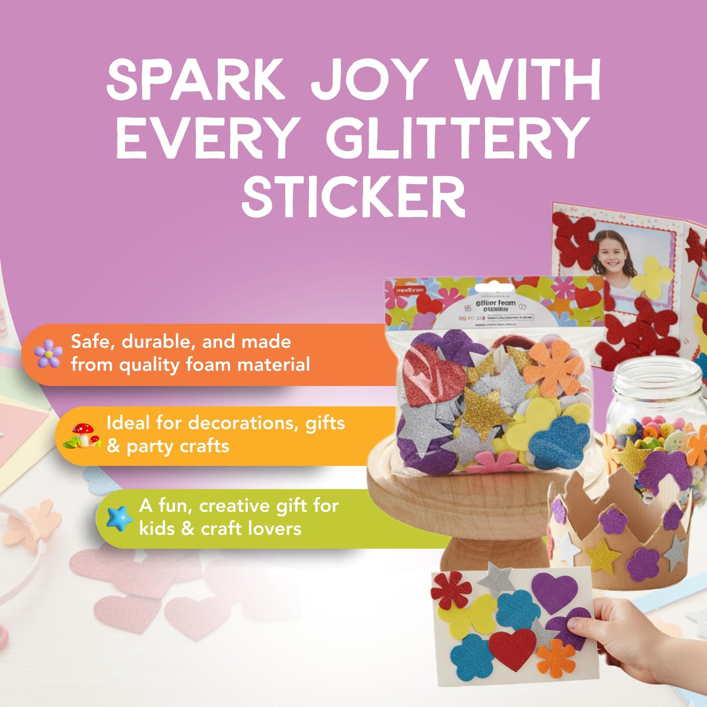 Incraftables Glitter Self Adhesive Foam Stickers for Kids, 100pcs Heart, Star, Butterfly, Flower Shapes, Multicolor, Felt Material, Modern Style