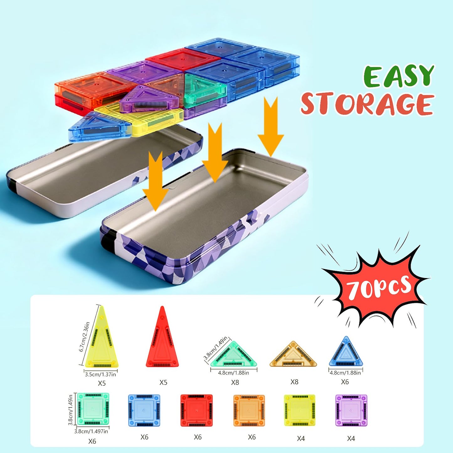 Logth 70PCS Mini Magnetic Tiles Toddlers Toys: Montessori Building Magnet Blocks STEM Bins Travel Storage Construction Set, Birthday for Kids 3-8