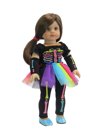 American Fashion World Electric Neon Skeleton Halloween Costume for 18-inch Dolls| Premium Quality & Trendy Design | Dolls Clothes | Outfit Fashions
