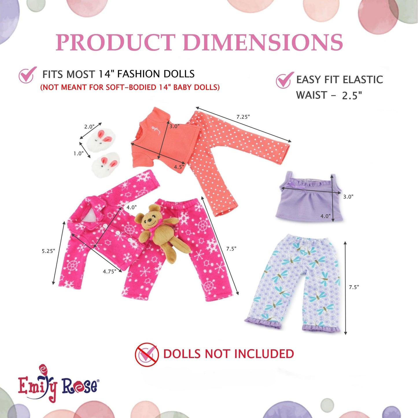 Emily Rose 14 & 14.5 Inch Doll 8-Piece Pajama Bundle | Seasonal PJs Gift Set with Teddy Bear and Bunny Slippers | USA Brand 14” Doll Pajamas | Fits
