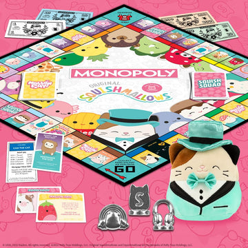 Monopoly: Squishmallows Collector’s Edition Board Game, Exclusive Cam the Cat Plush Included, Buy, Sell, & Trade Spaces Featuring Iconic Characters