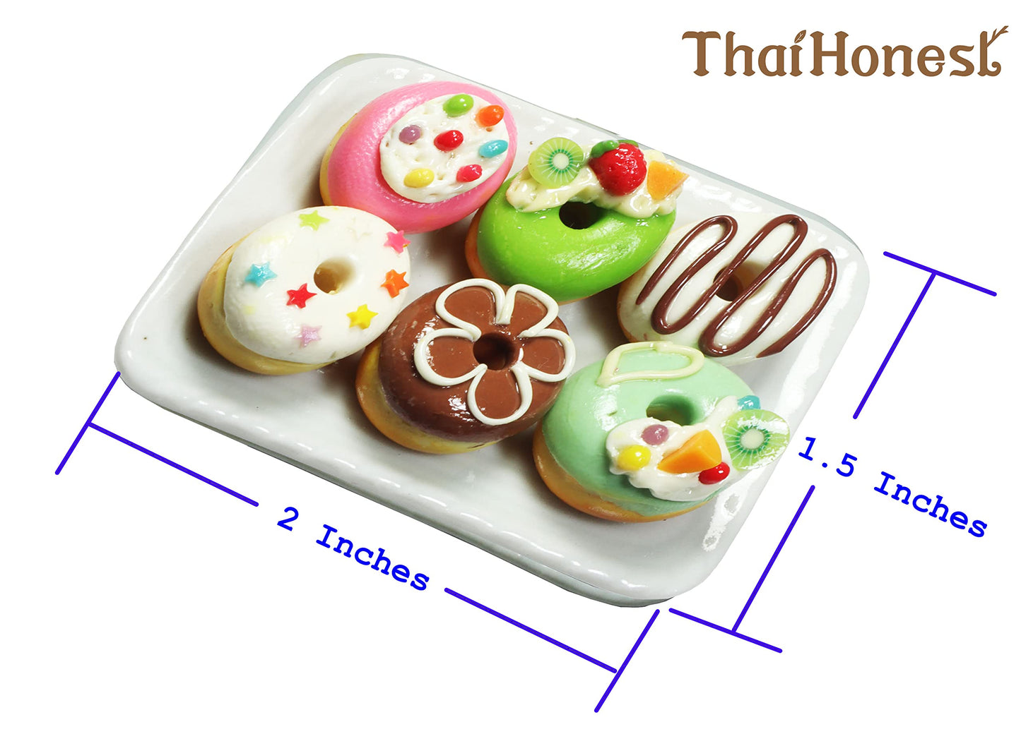 6 Pcs Miniature Donut Set - Handmade Clay Donuts on Ceramic Plate (0.6 Inch Each, Plate 2 x 1.5 Inch), 1/6 Scale Dollhouse Food Accessories