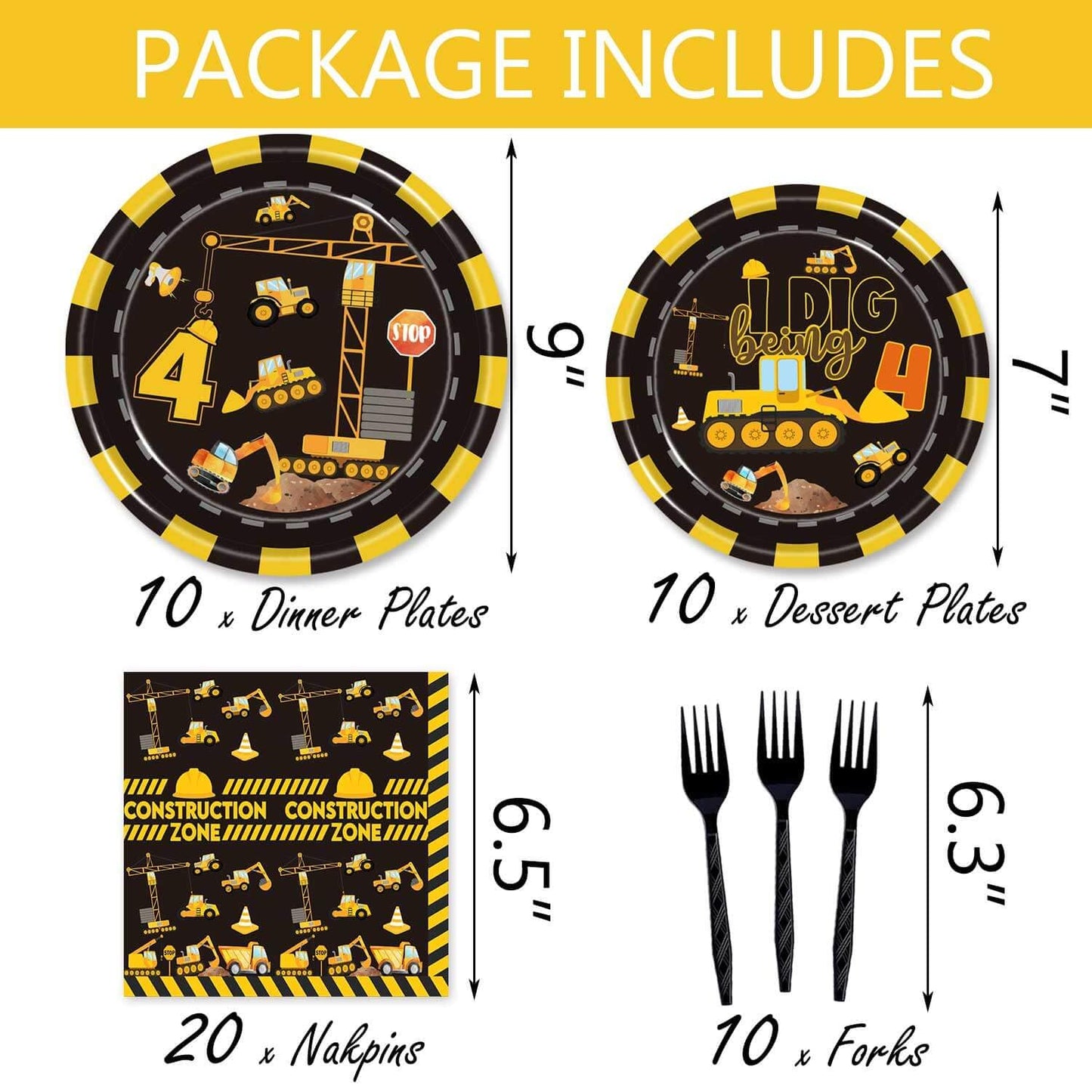 92 Pcs Construction 4th Birthday Party Supplies Dump Truck Theme Four Tableware Includes Hanging Swirl, Balloons, Plates, Table Cloth for Boys
