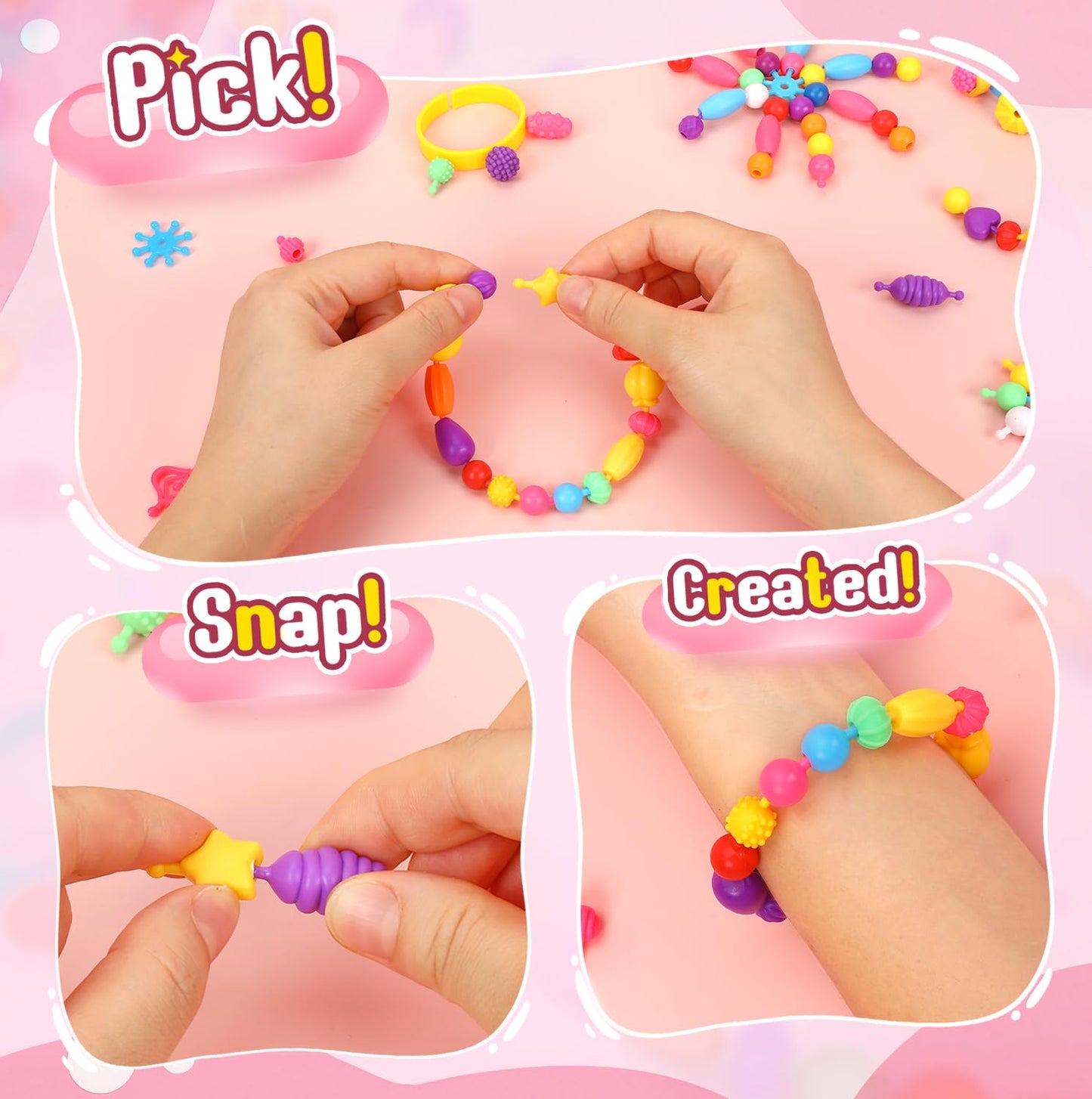 Atoymut 600Pcs Pop Beads, Jewelry Making Kits for Toddlers, Arts and Crafts Supplies for Kids Ages 4-8, Necklace, Bracelet, Ring, Creative DIY Toys