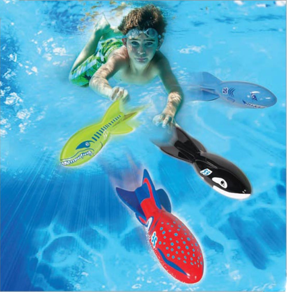 Banzai Swimming Pool Diving Toys Torpedo Beasts Sharks, 4 in a Pack, Ages 3+