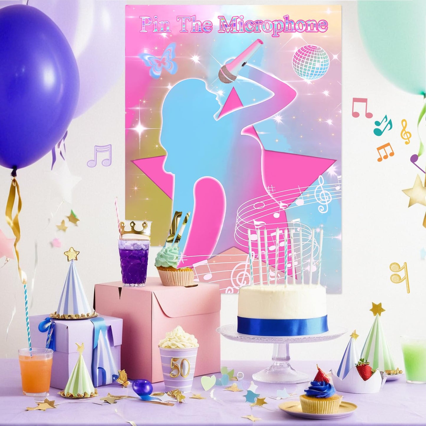 JUNUO Pin The Microphones On The Famous Singers Party Games, Suitable for Music-Themed Party Supplies Decoration, Pop Singers Party,Pink Girl