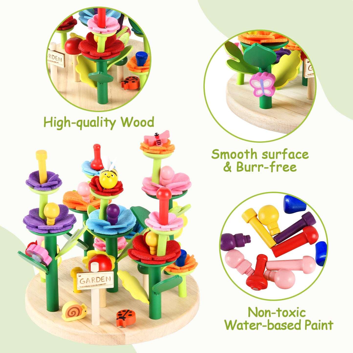 Wooden Flower Garden Building Toys for Kids, STEM Educational Activity Preschool Kit Gift for Boys Girls Age 3 4 5 6 7 Years Old, Stacking Game
