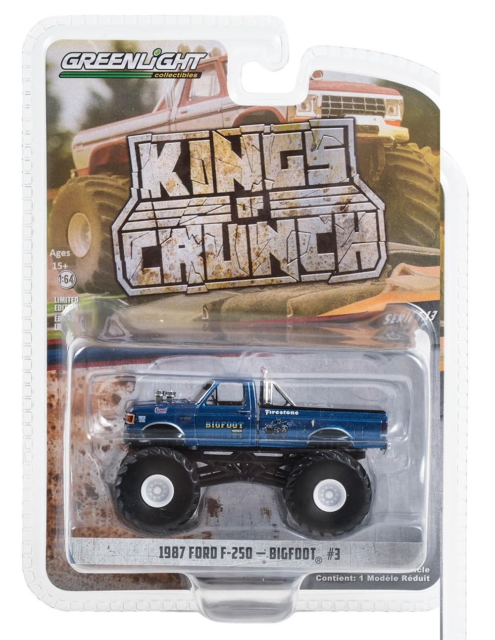 1987 F-250 Monster Truck Blue Metallic Bigfoot #3" "Kings of Crunch Series 13 1/64 Diecast Model Car by Greenlight 49130D