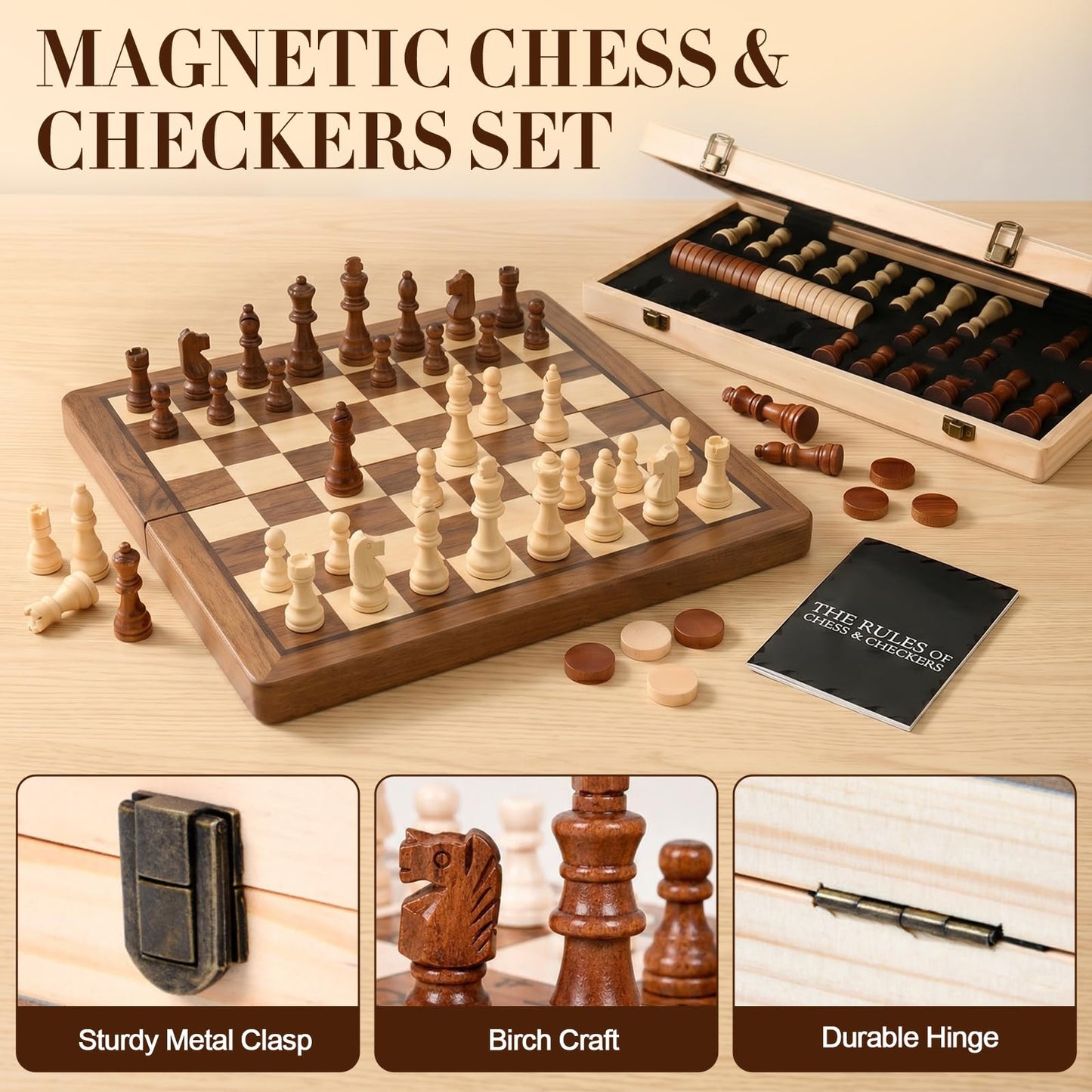 Tobaisaa 15 Inch Natural Wood 2 in 1 Magnetic Chess & Checkers Set