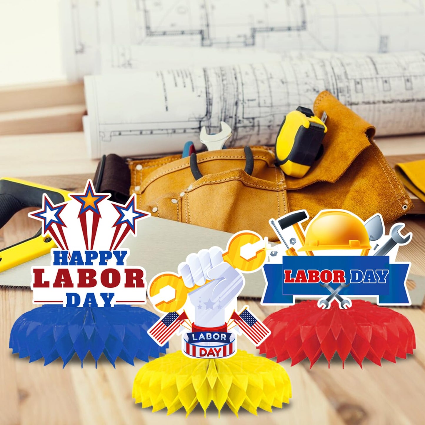 ABTOLS 9pcs Labor Day Party Decorations 3D Labor Day Honeycomb Centerpiece for Patriotic Party Decorations, Happy Labor Day Honeycomb Centerpieces