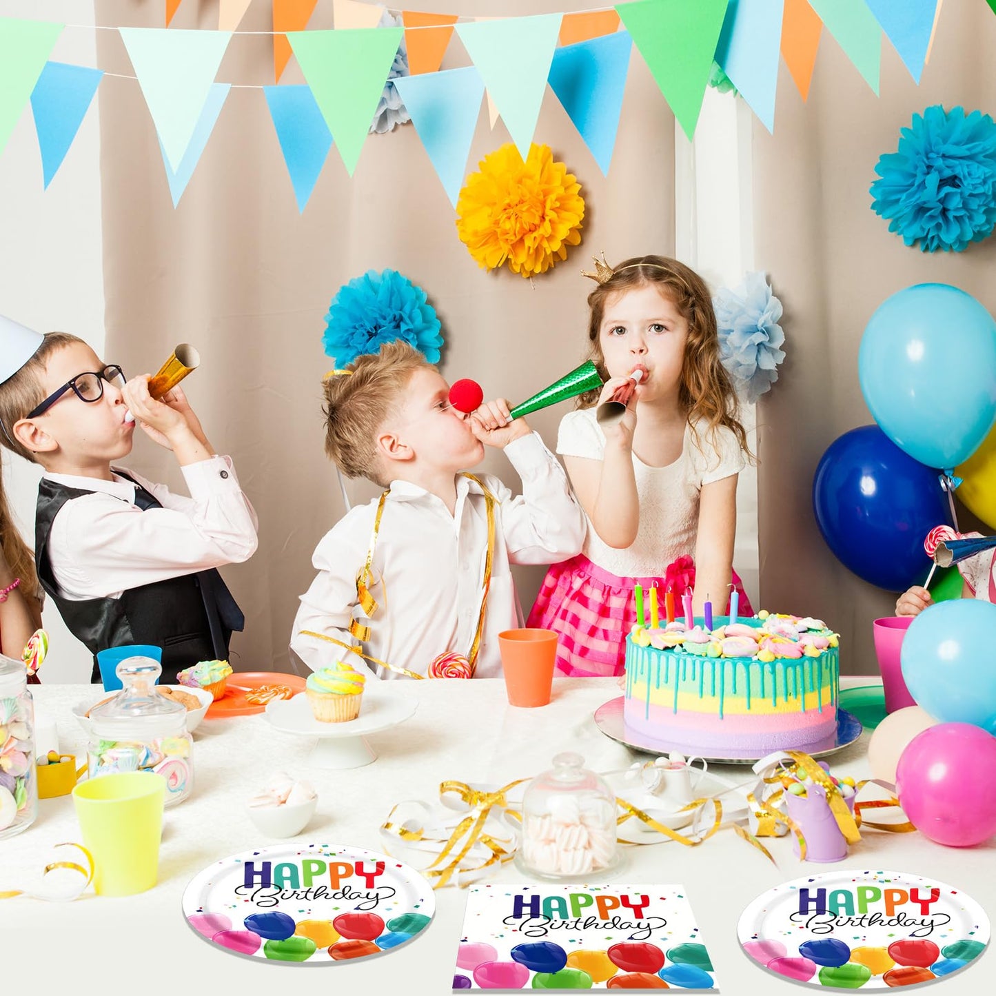 Happy Birthday Decorations Birthday Party Supplies Set with Birthday Balloon Confetti Design Includes Dessert Plates and Napkins Disposable Paper